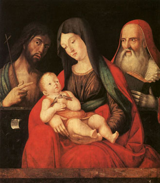 Madonna and Child with Saint John the Baptist and a male Saint,<br>Alvise Vivarini