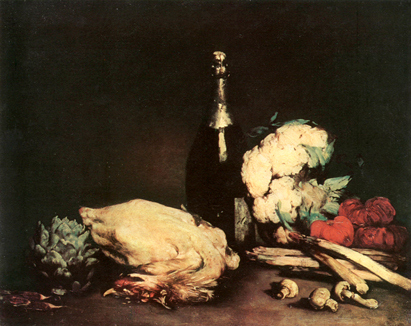 Still Life with a Chicken, a Bottle of Wine, Asparagus, Artichoke, Tomatoes<br> and other Vegetables, on a Table, Augustin Theodule Ribot